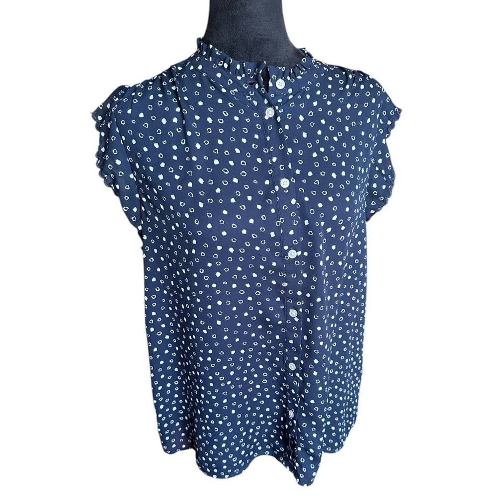 Ann Taylor Ruffled Cap Sleeve Blouse – Black & White Geometric, Size M